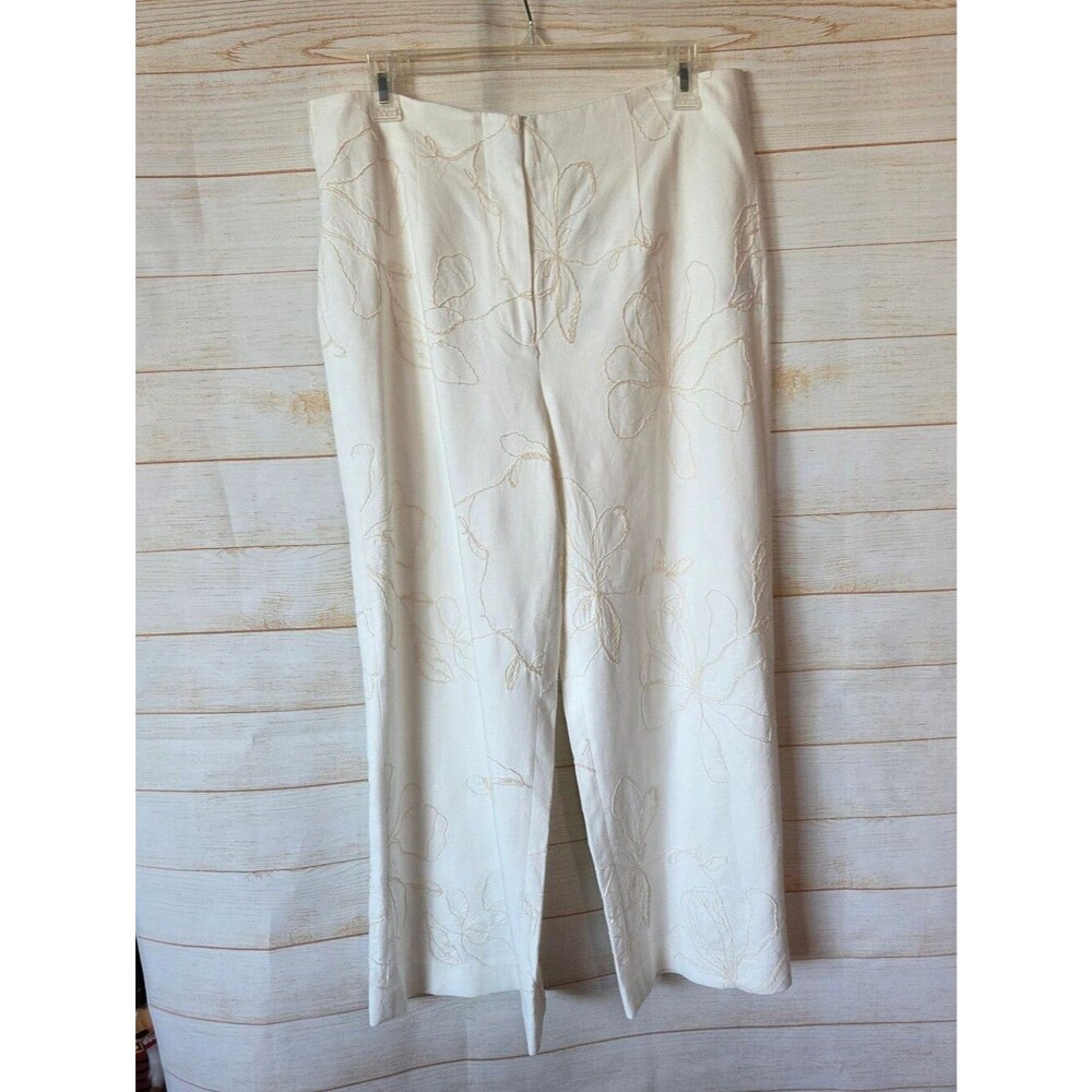 Zara Floral Embroidered Wide Leg High Rise Linen Blend Off White Pants Large